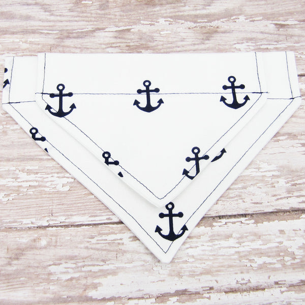 White & Navy Anchor Pet Bandana-4 Sizes Fits Over Collar