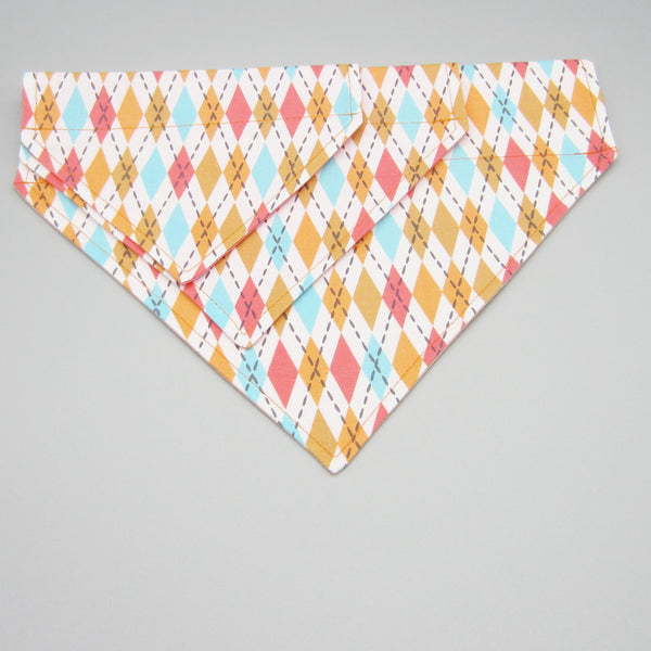 Orange Argyle Pet Bandana-4 Sizes Fits Over Collar