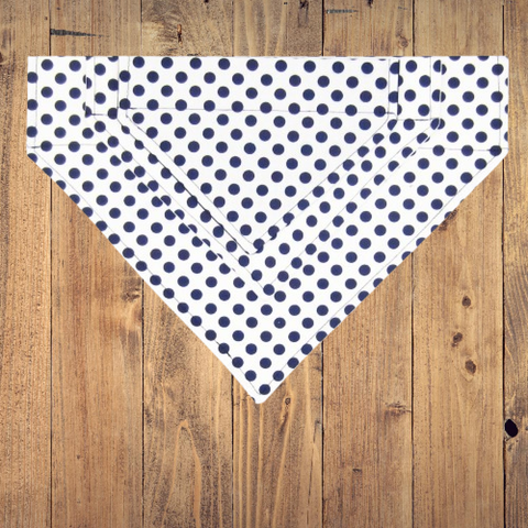 White & Navy Polka Dot Pet Bandana- Fits Over Collar 4 Sizes Available