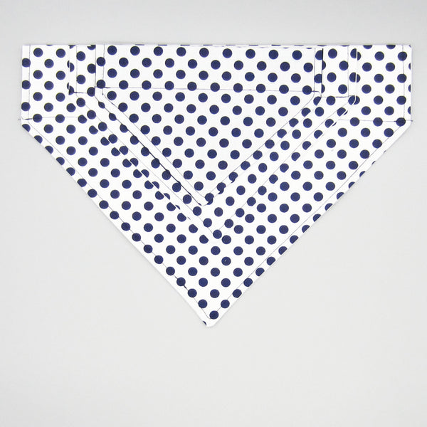 White & Navy Polka Dot Pet Bandana- Fits Over Collar 4 Sizes Available
