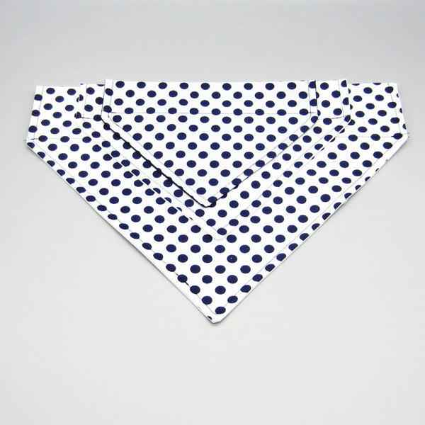 White & Navy Polka Dot Pet Bandana- Fits Over Collar 4 Sizes Available