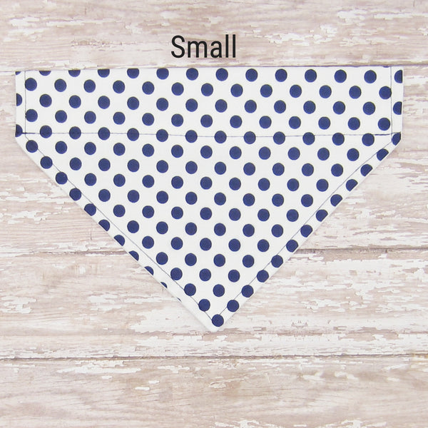 White & Navy Polka Dot Pet Bandana- Fits Over Collar 4 Sizes Available