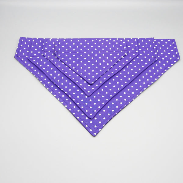 Purple & White Polka Dot Pet Bandana- Fits Over Collar 4 Sizes Available