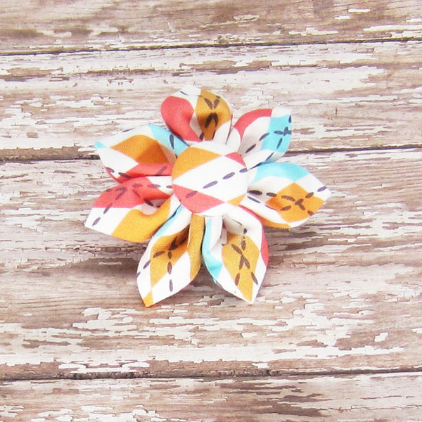 Orange Argyle Flower For Pet Collar-4 Sizes - Hold It!