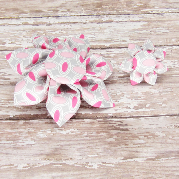Pink & Grey Circles Flower For Pet Collar-4 Sizes - Hold It!