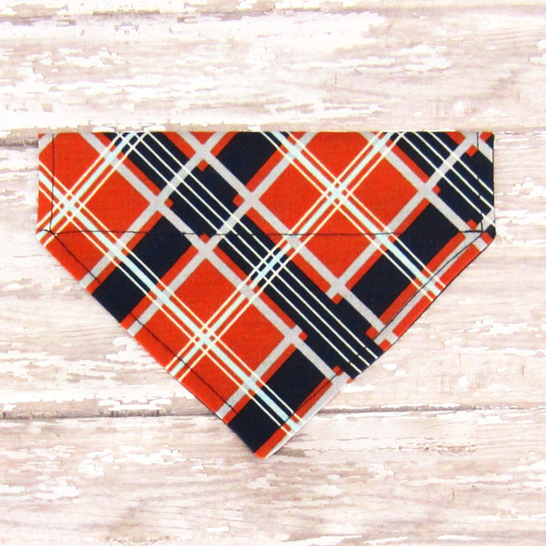 Orange & Navy Plaid Pet Bandana- Fits Over Collar 4 Sizes Available - Hold It!