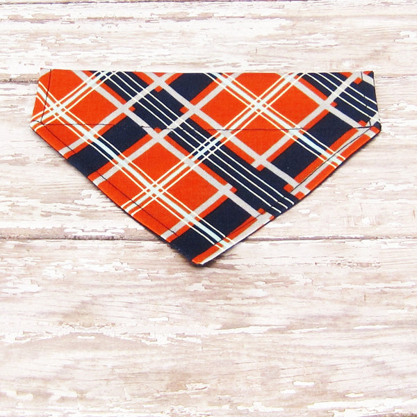 Orange & Navy Plaid Pet Bandana- Fits Over Collar 4 Sizes Available - Hold It!