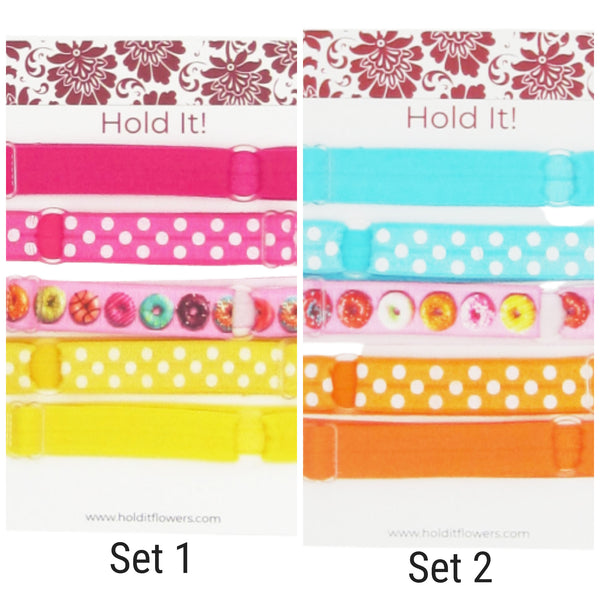 Choose from 2 Sets Adjustable Elastic Headband-Donuts Pink, Yellow, Orange, Blue