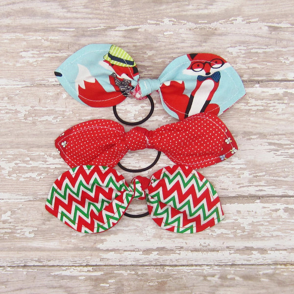 Set of 3 Bunny Ear Ponytail Holders Red Dot, Foxes, Red & Green Chevron