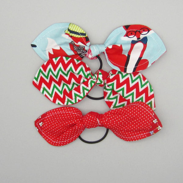 Set of 3 Bunny Ear Ponytail Holders Red Dot, Foxes, Red & Green Chevron
