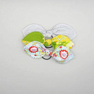 Set of 3 Bunny Ear Ponytail Holders Blue Gingham, Green & Yellow Floral, Blue Floral