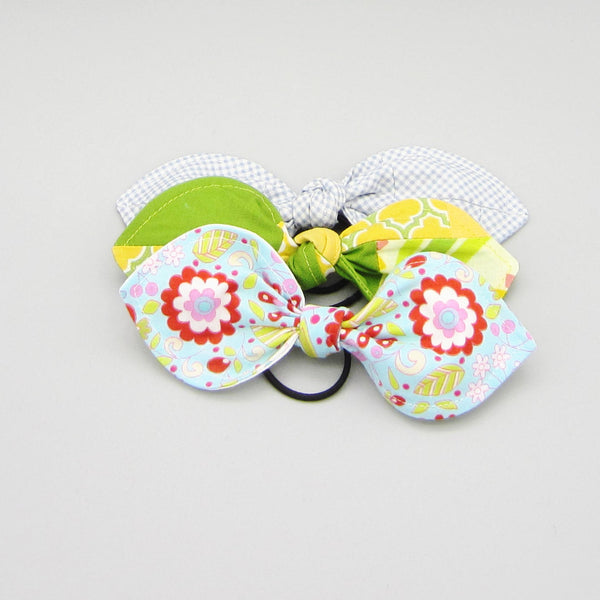 Set of 3 Bunny Ear Ponytail Holders Blue Gingham, Green & Yellow Floral, Blue Floral