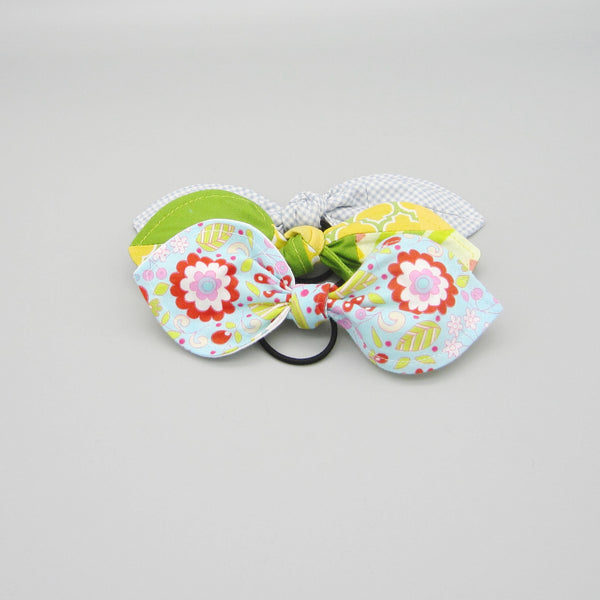 Set of 3 Bunny Ear Ponytail Holders Blue Gingham, Green & Yellow Floral, Blue Floral