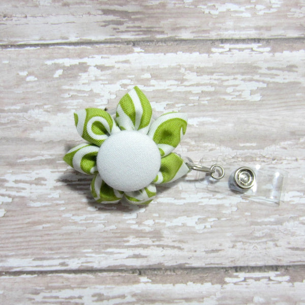 Green & White Swirl Flower Retractable Badge Reel, ID Holder, Lanyard - Hold It!