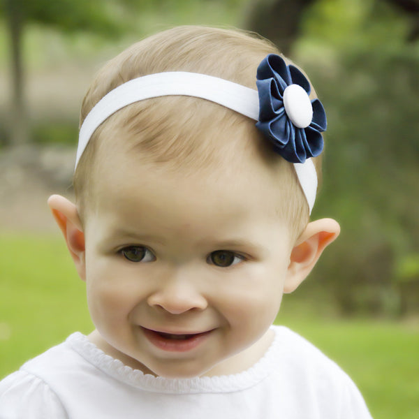 Navy Blue & White Kanzashi Fabric Flower-Available in 4 Styles – Hold It!
