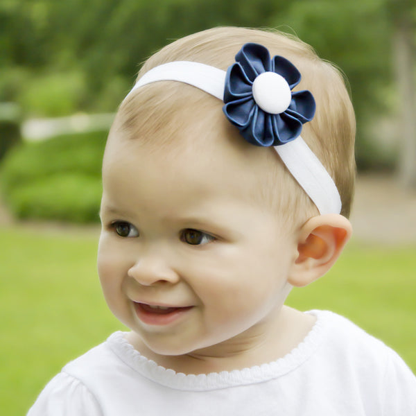 Navy Blue & White Kanzashi Fabric Flower-Available in 4 Styles – Hold It!
