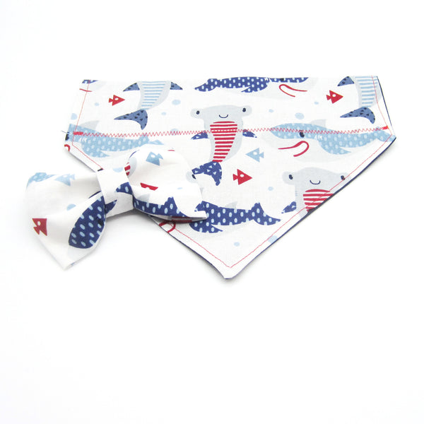 Red White & Blue Sharks Pet Bandana or Bow Tie-4 Sizes Fits Over Collar