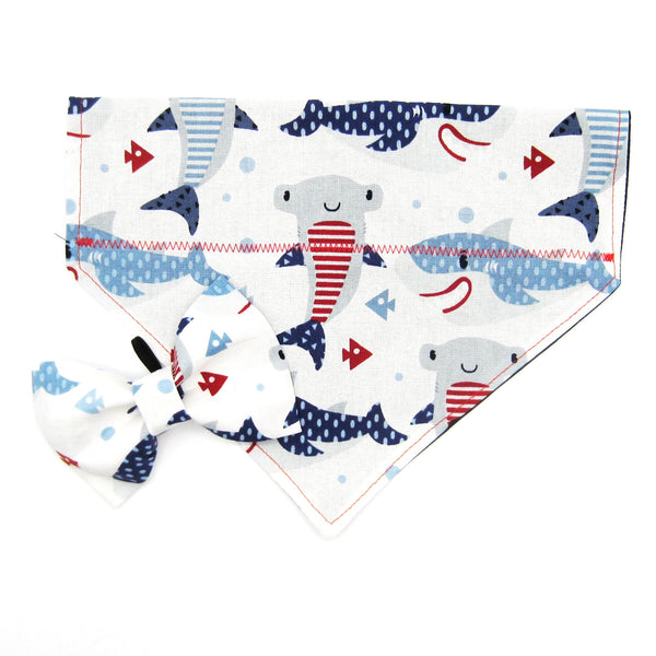 Red White & Blue Sharks Pet Bandana or Bow Tie-4 Sizes Fits Over Collar