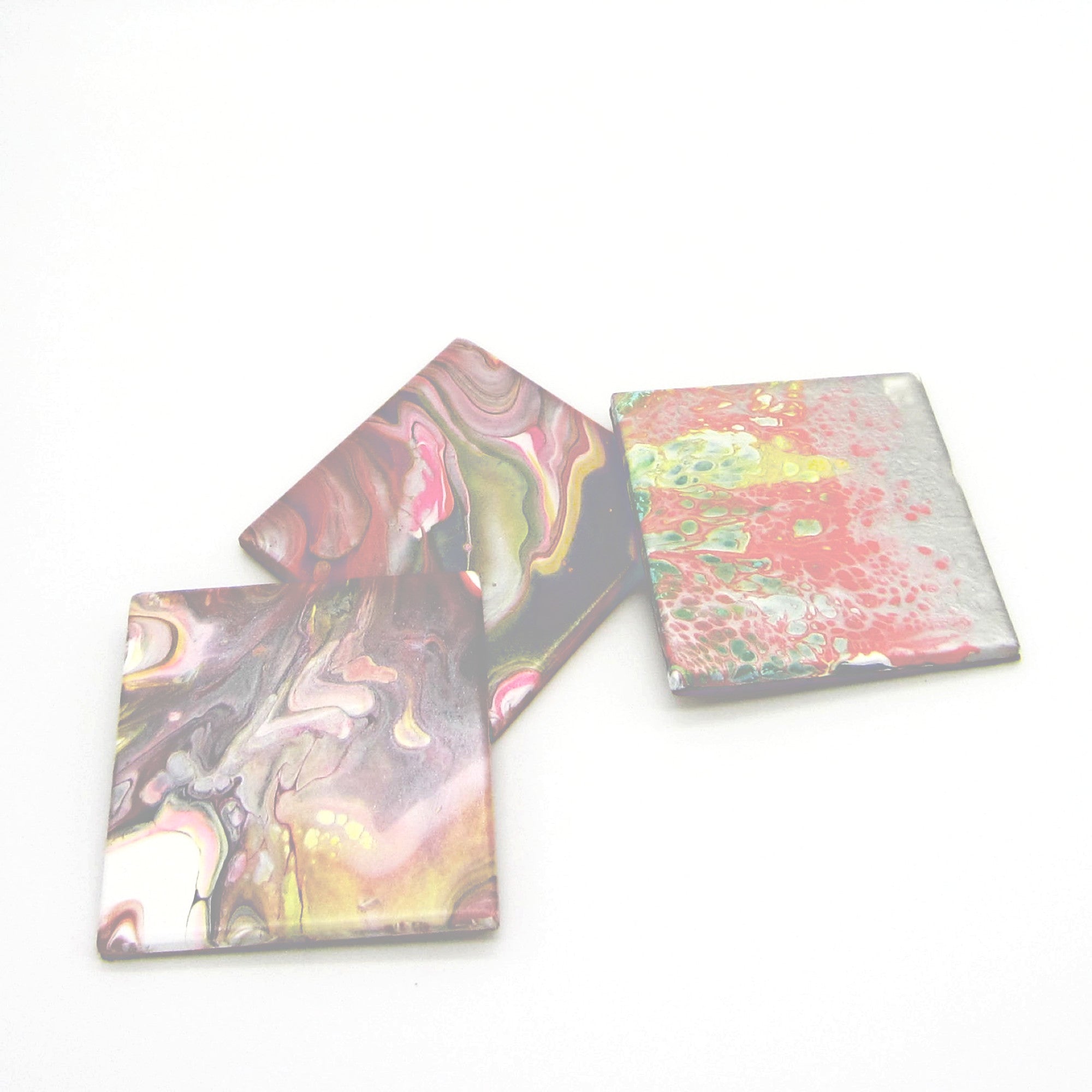 Hand Painted Coaster Set of 3 in Pink, Gray, Silver