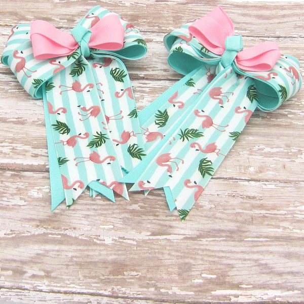 Turquoise & Pink Flamingo Equestrian Hair Bows-Available on a French Barrette, or Hair Clip