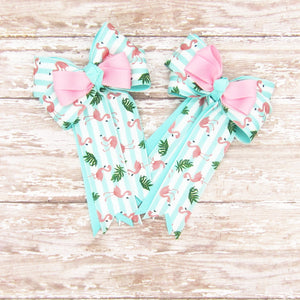 Turquoise & Pink Flamingo Equestrian Hair Bows-Available on a French Barrette, or Hair Clip