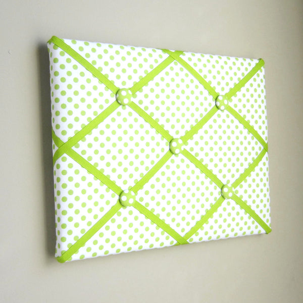 11"x14" Memory Board or Bow Holder-White & Lime Green Polka Dot