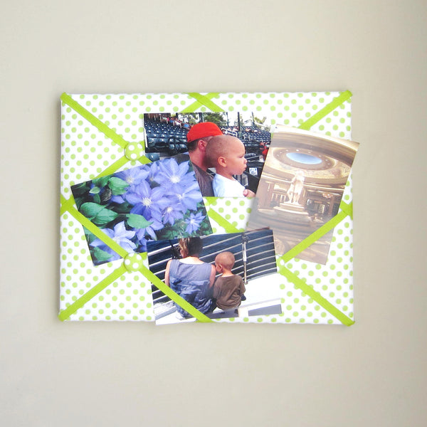 11"x14" Memory Board or Bow Holder-White & Lime Green Polka Dot