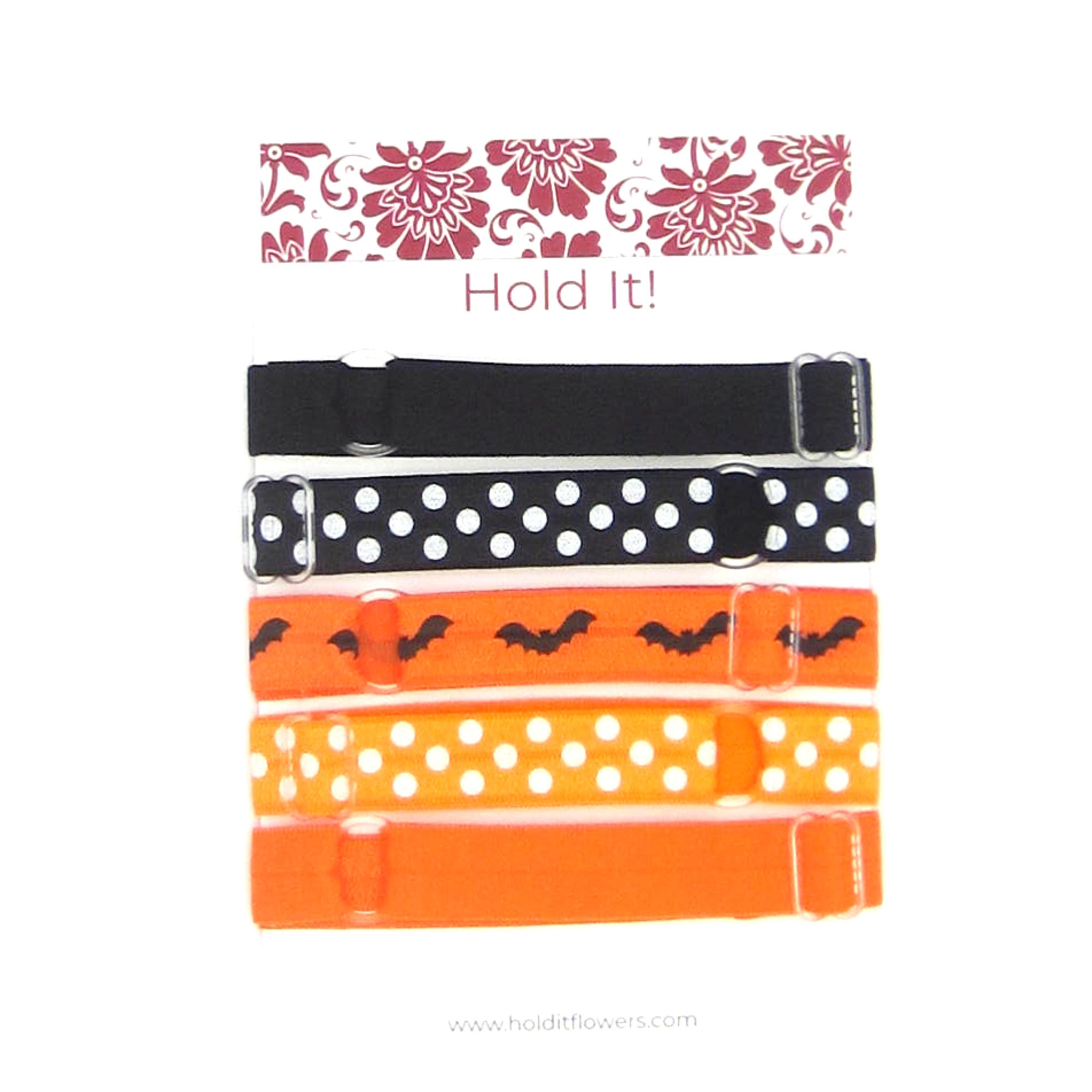 Adjustable Elastic Headband-Set of 5 Black & Orange Bats