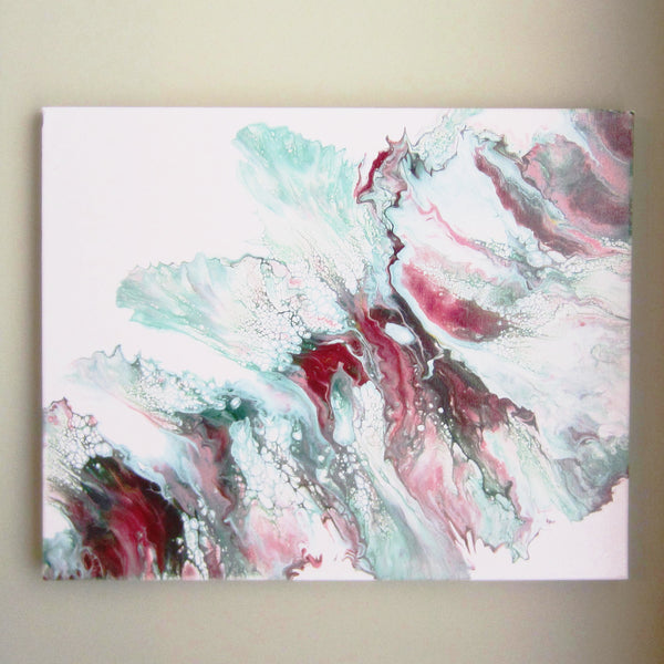16"x20" Pink & Green Floral Abstract Acrylic Painting  Dutch Pour