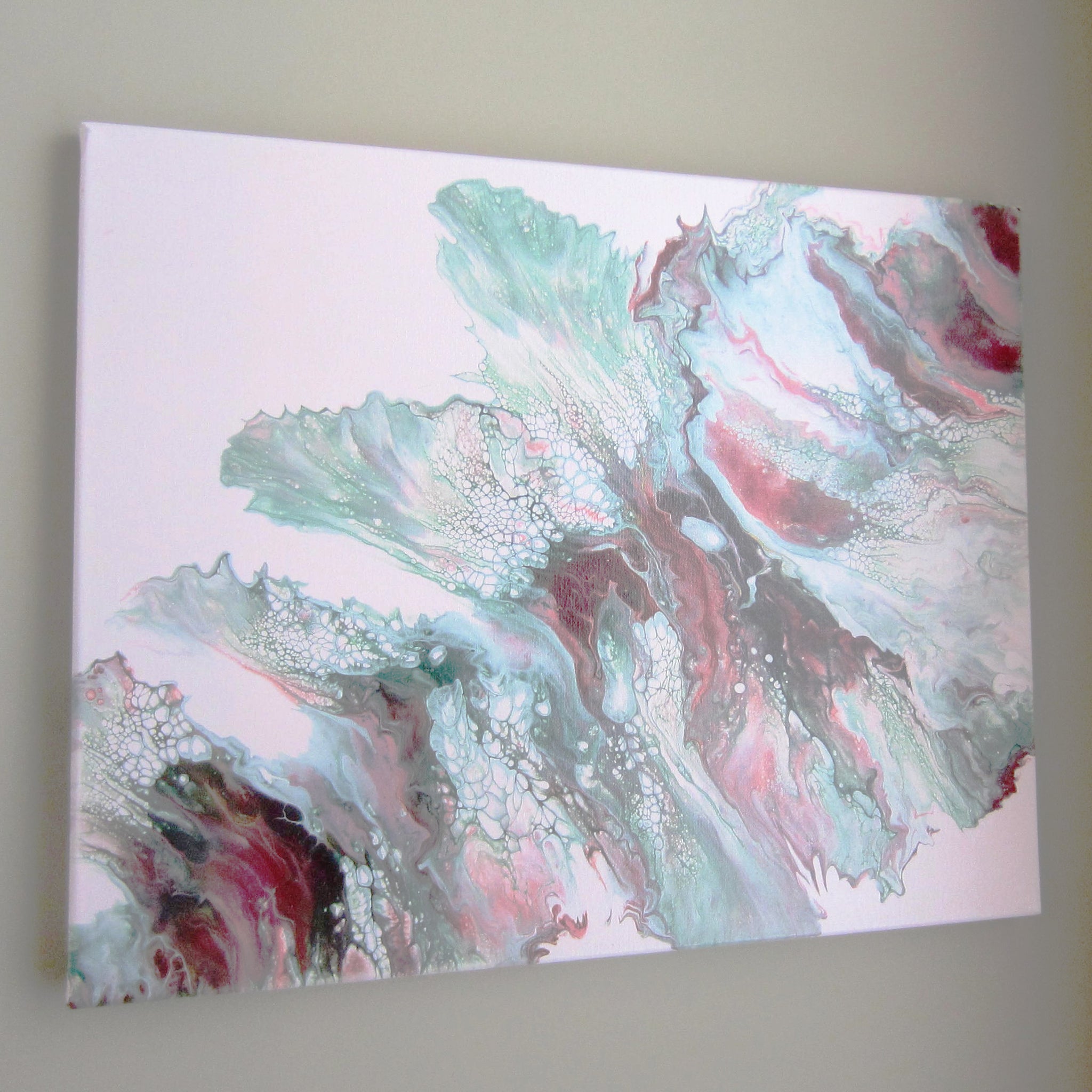 ORIGINAL Fluid Acrylic Pour Painting, Pink and Green Abstract