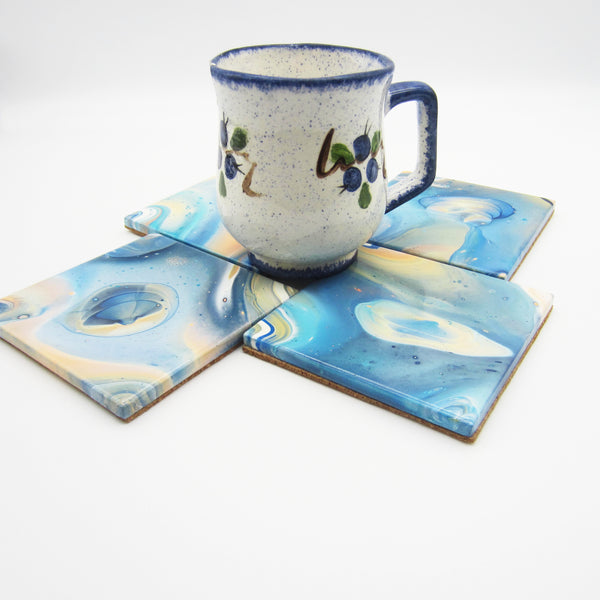 Hand Painted Coaster Set of 4 in Navy, Peach & White