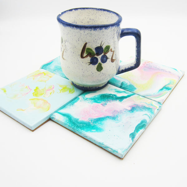 Hand Painted Coaster Set of 4 in Turquoise, Hot Pink & Yellow