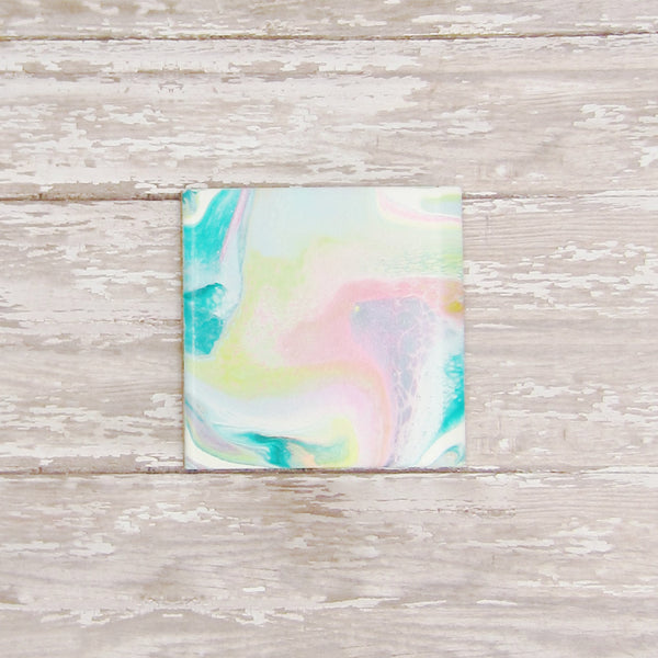 Hand Painted Coaster Set of 4 in Turquoise, Hot Pink & Yellow