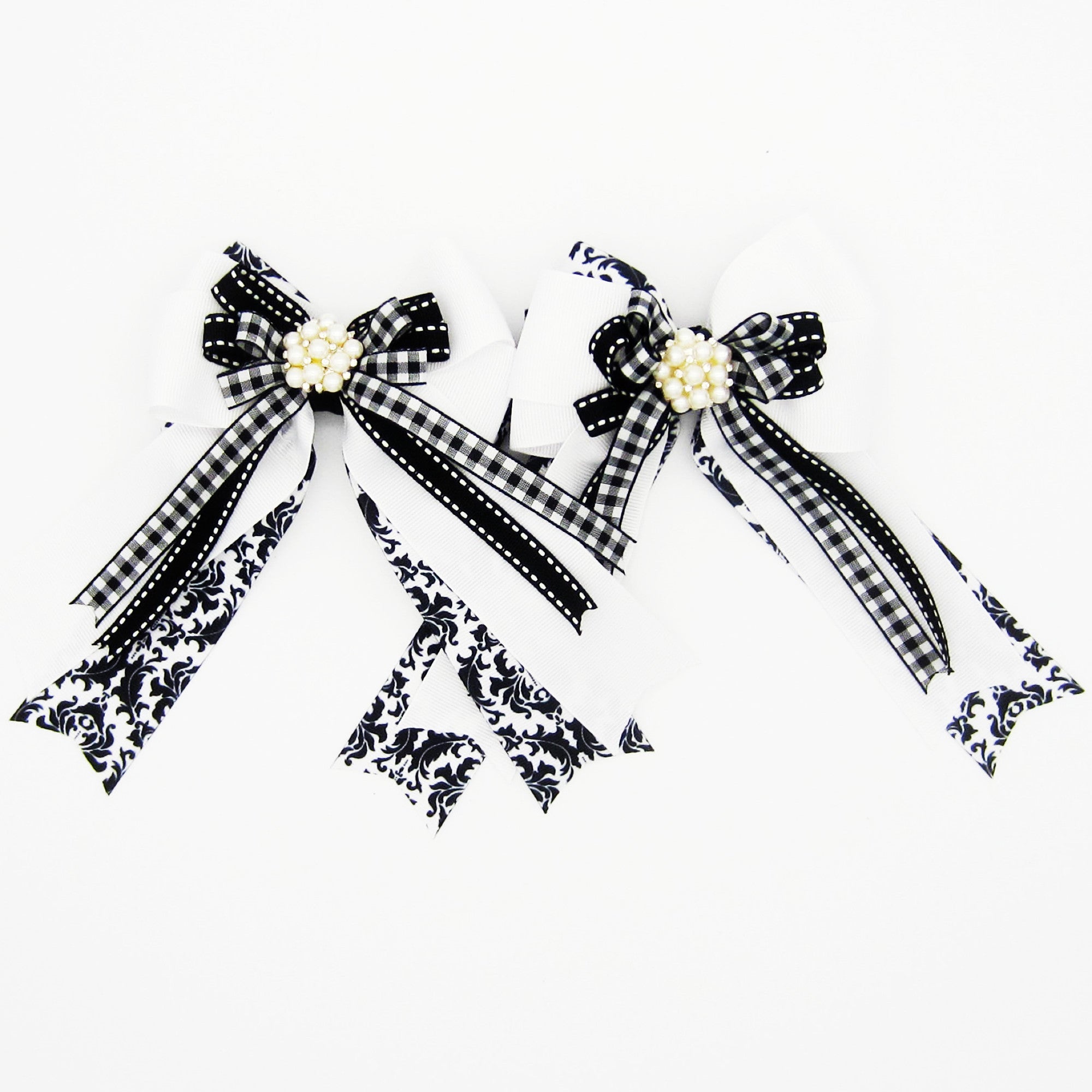 Black & White Damask Equestrian Hair Bows-Available on a French Barrette, or Hair Clip