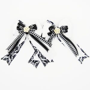 Black & White Damask Equestrian Hair Bows-Available on a French Barrette, or Hair Clip