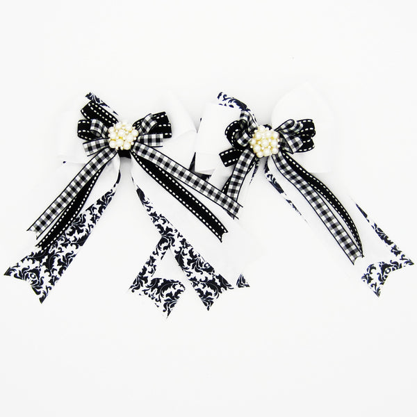 Black & White Damask Equestrian Hair Bows-Available on a French Barrette, or Hair Clip