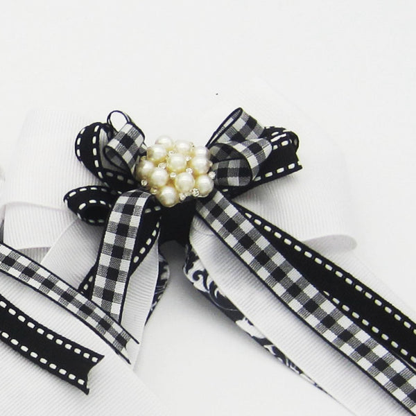 Black & White Damask Equestrian Hair Bows-Available on a French Barrette, or Hair Clip