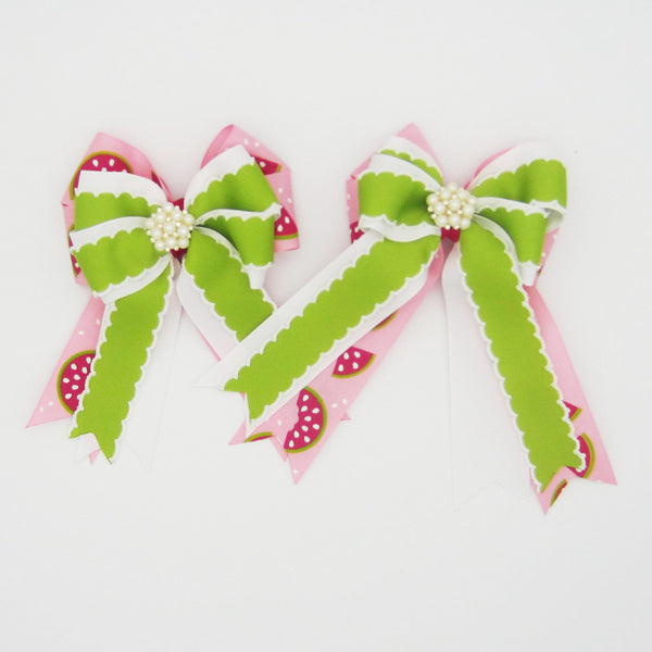 Watermelon Pink & Green Equestrian Hair Bows-Available on a French Barrette, Hair Clip, or Pony O