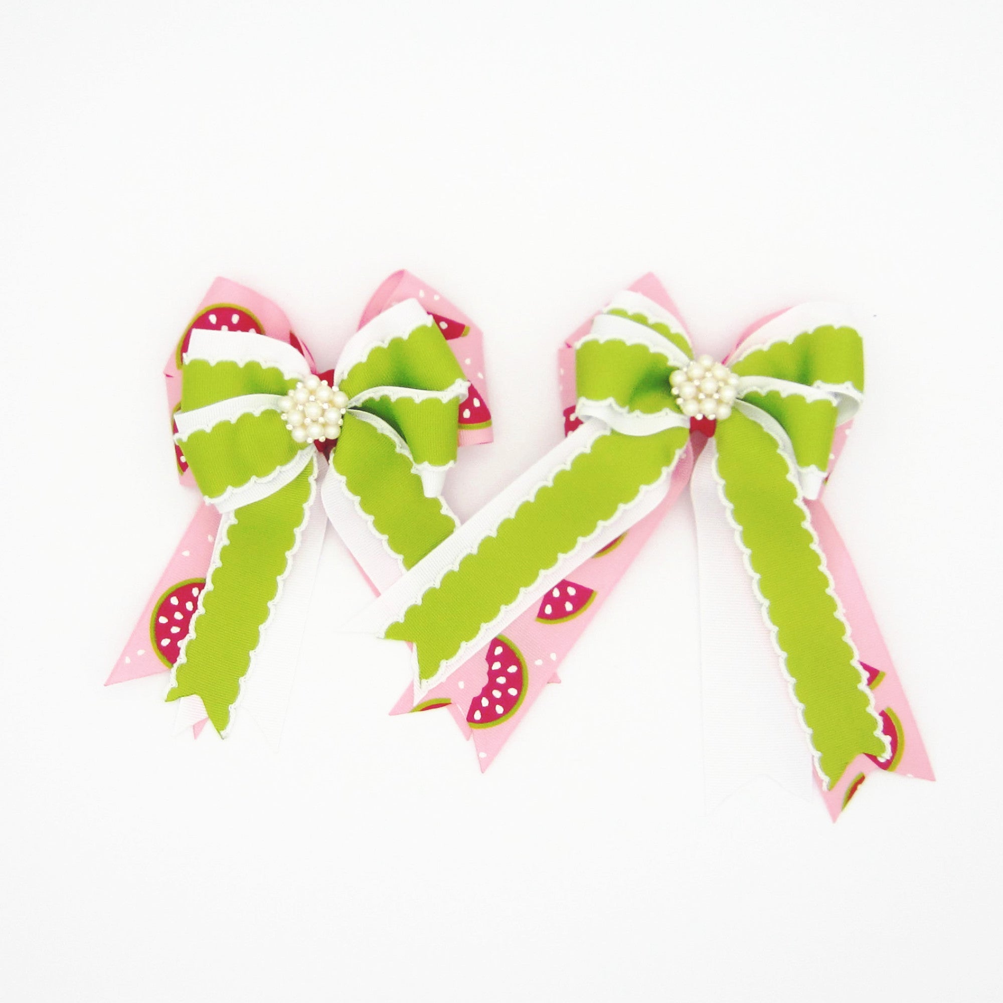 Watermelon Pink & Green Equestrian Hair Bows-Available on a French Barrette, Hair Clip, or Pony O