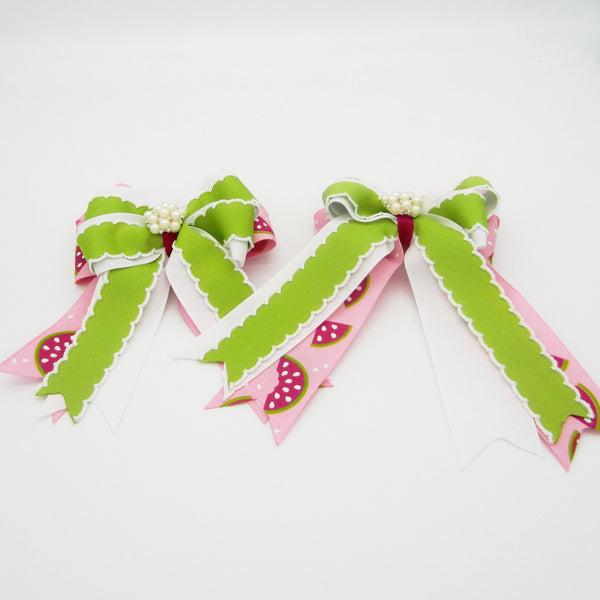 Watermelon Pink & Green Equestrian Hair Bows-Available on a French Barrette, Hair Clip, or Pony O