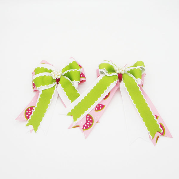 Watermelon Pink & Green Equestrian Hair Bows-Available on a French Barrette, Hair Clip, or Pony O