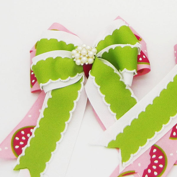 Watermelon Pink & Green Equestrian Hair Bows-Available on a French Barrette, Hair Clip, or Pony O