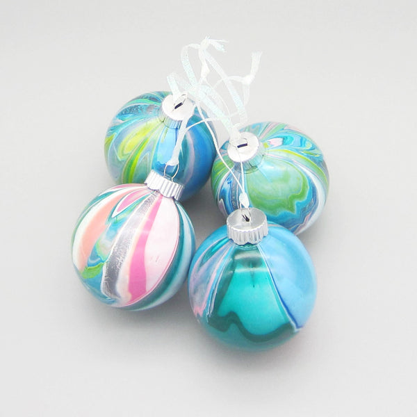 Set of 4 Hand Painted Turquoise, Pink & Yellow Christmas Ornaments