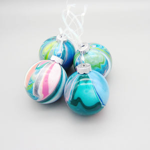 Set of 4 Hand Painted Turquoise, Pink & Yellow Christmas Ornaments