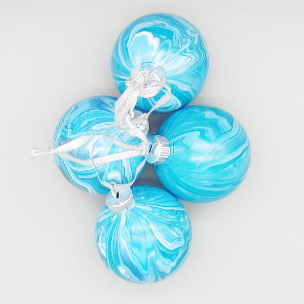 Set of 4 Hand Painted Turquoise & Silver Christmas Ornaments