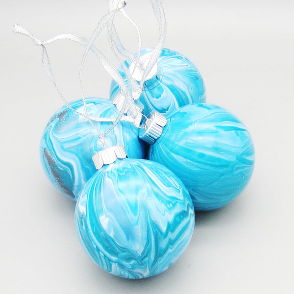 Set of 4 Hand Painted Turquoise & Silver Christmas Ornaments