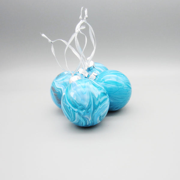 Set of 4 Hand Painted Turquoise & Silver Christmas Ornaments