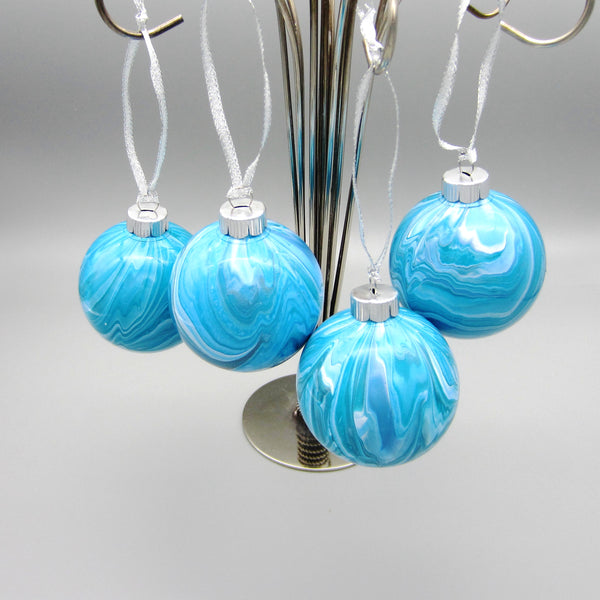 Set of 4 Hand Painted Turquoise & Silver Christmas Ornaments