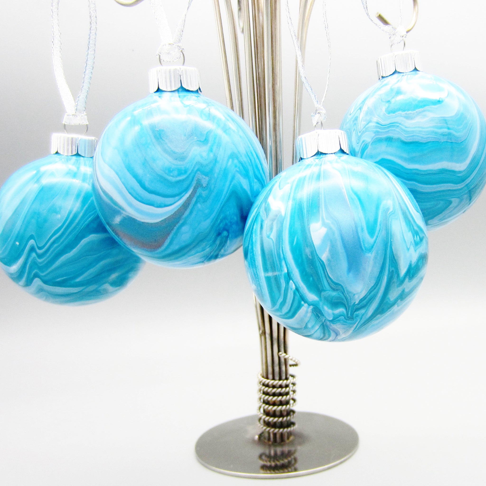 Set of 4 Hand Painted Turquoise & Silver Christmas Ornaments