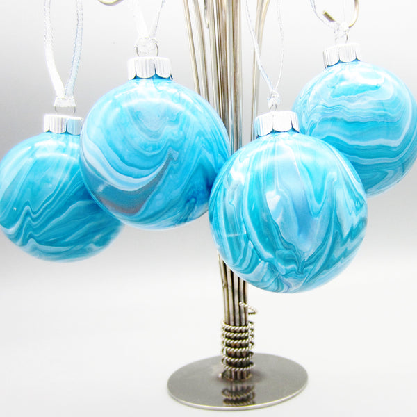 Set of 4 Hand Painted Turquoise & Silver Christmas Ornaments